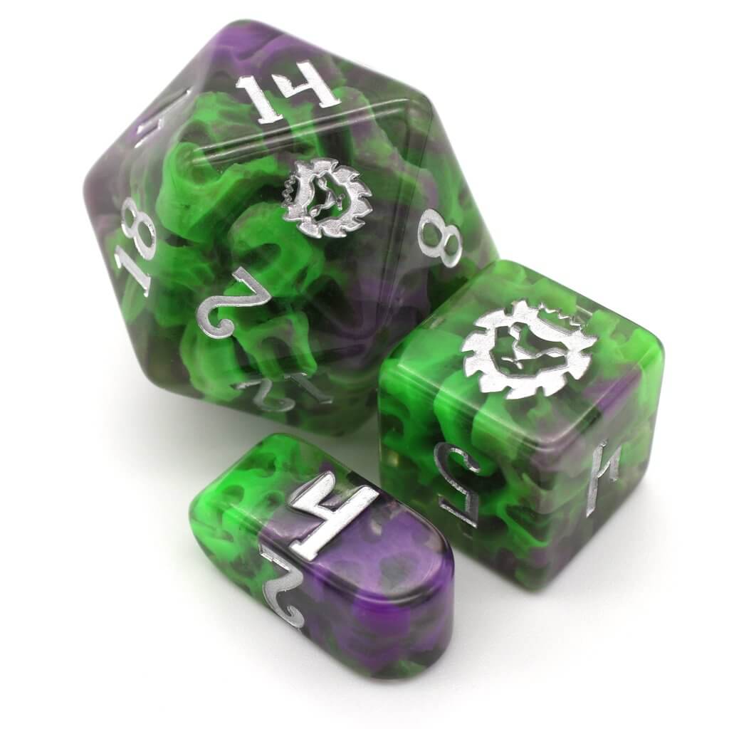 This 10-piece green and purple resin swirled set is inked with silver to really stand out when you need to do some sinister plotting.
