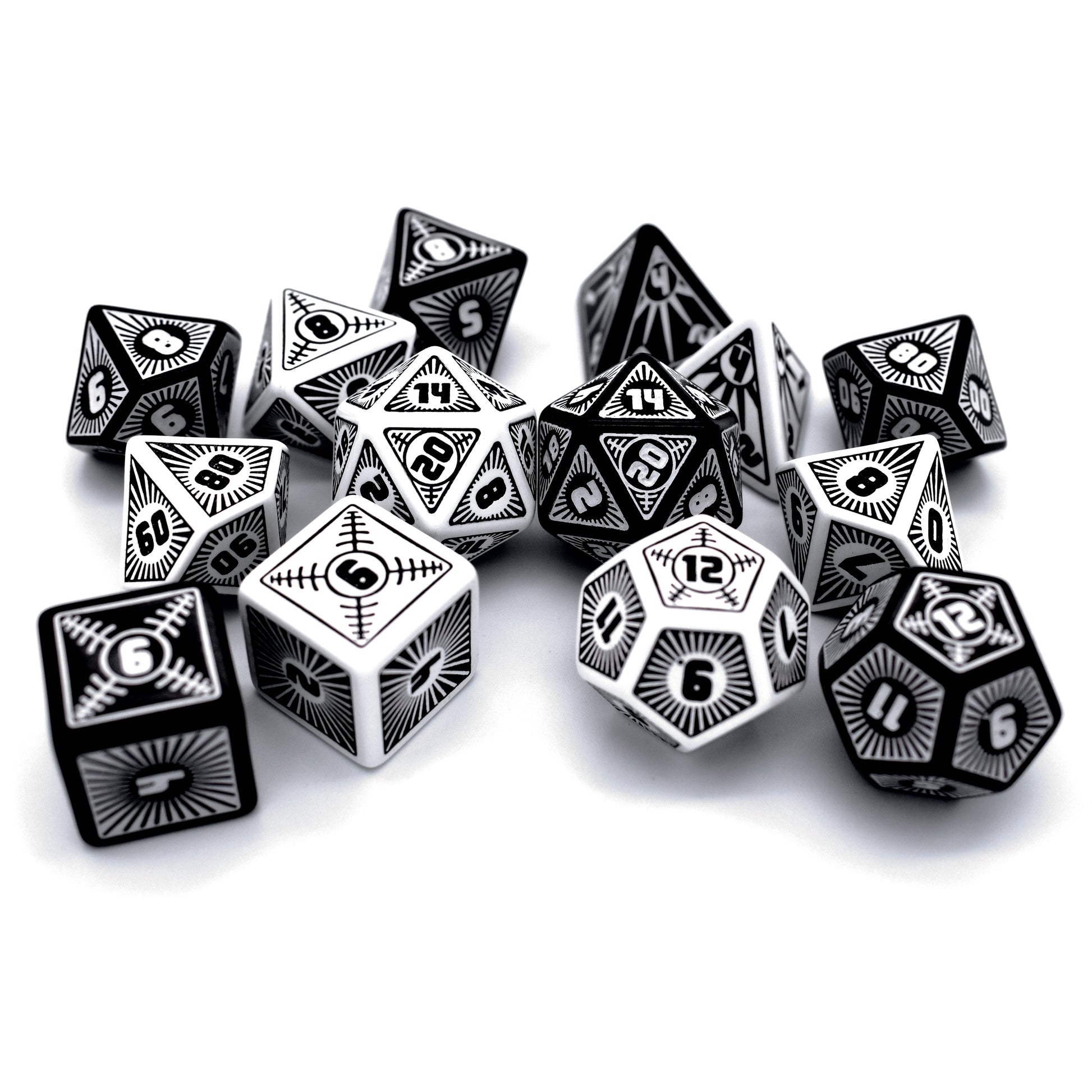 Alpha and Omega, 7-piece engraved black and white resin sets
