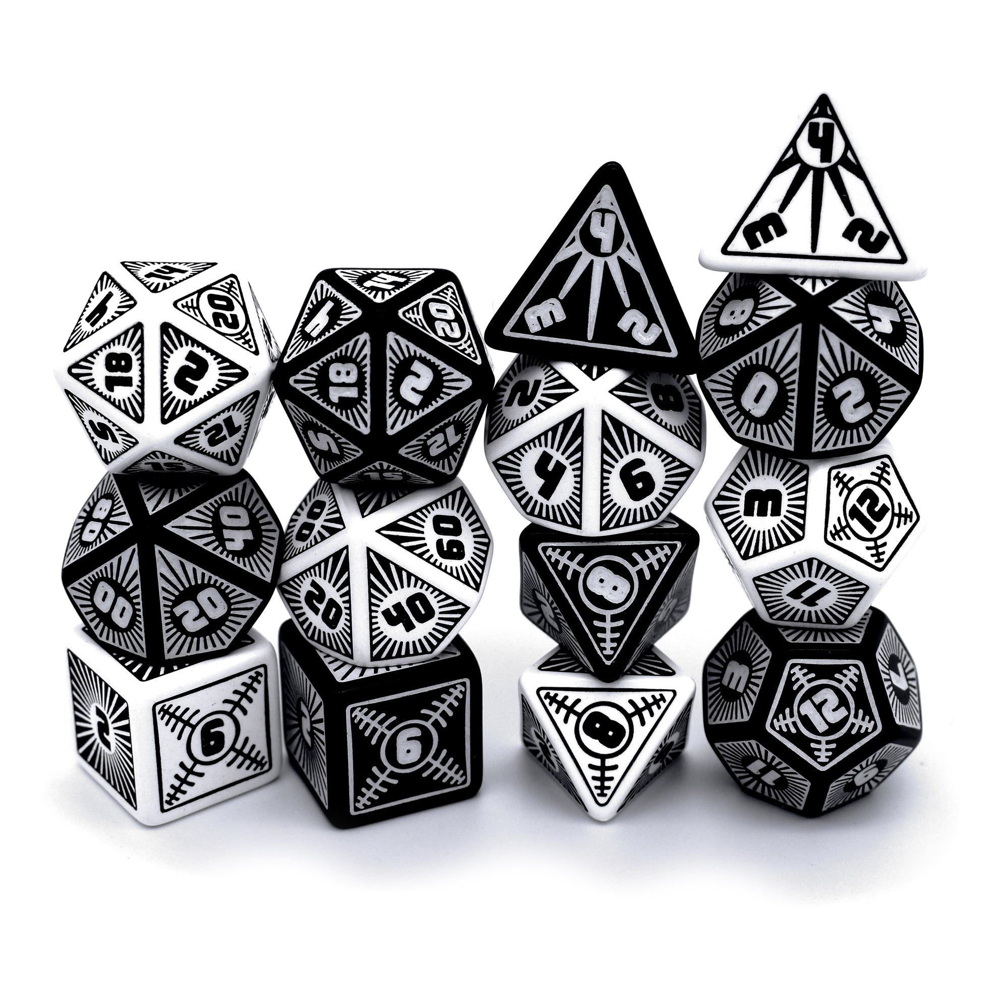 Alpha and Omega, 7-piece engraved black and white resin sets