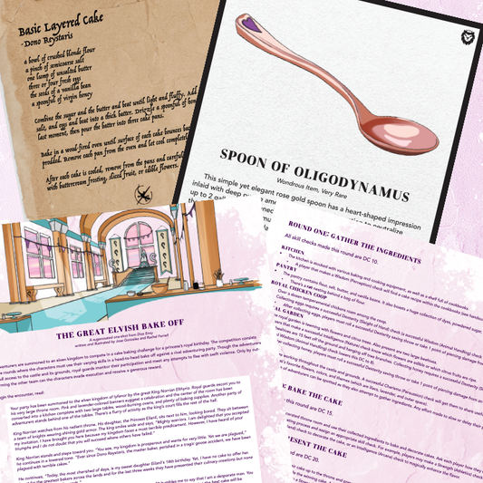 The Baking Bonanza bundle includes .pdfs of a one-shot, player handout, and magic item.