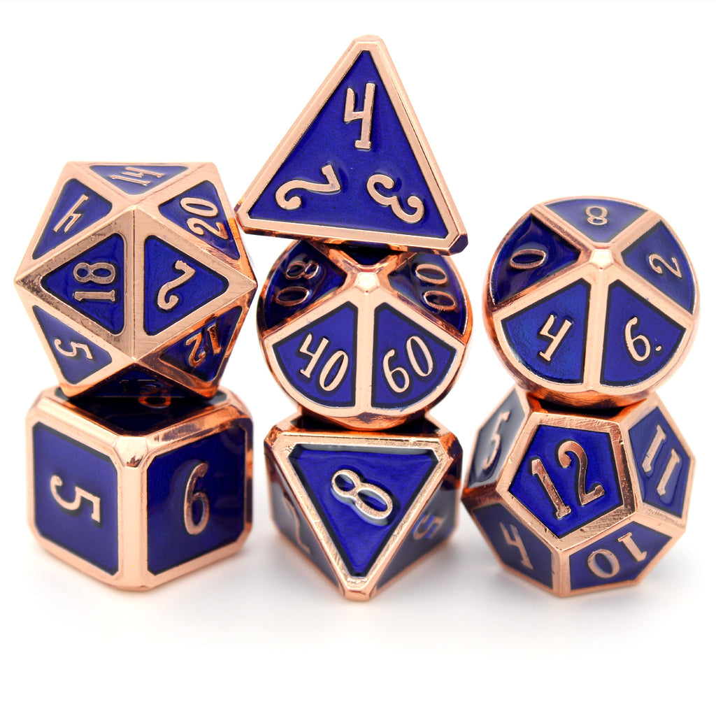 Castle Guard is a 7-piece, rose gold, framed metal set filled with a rich royal blue enamel.
