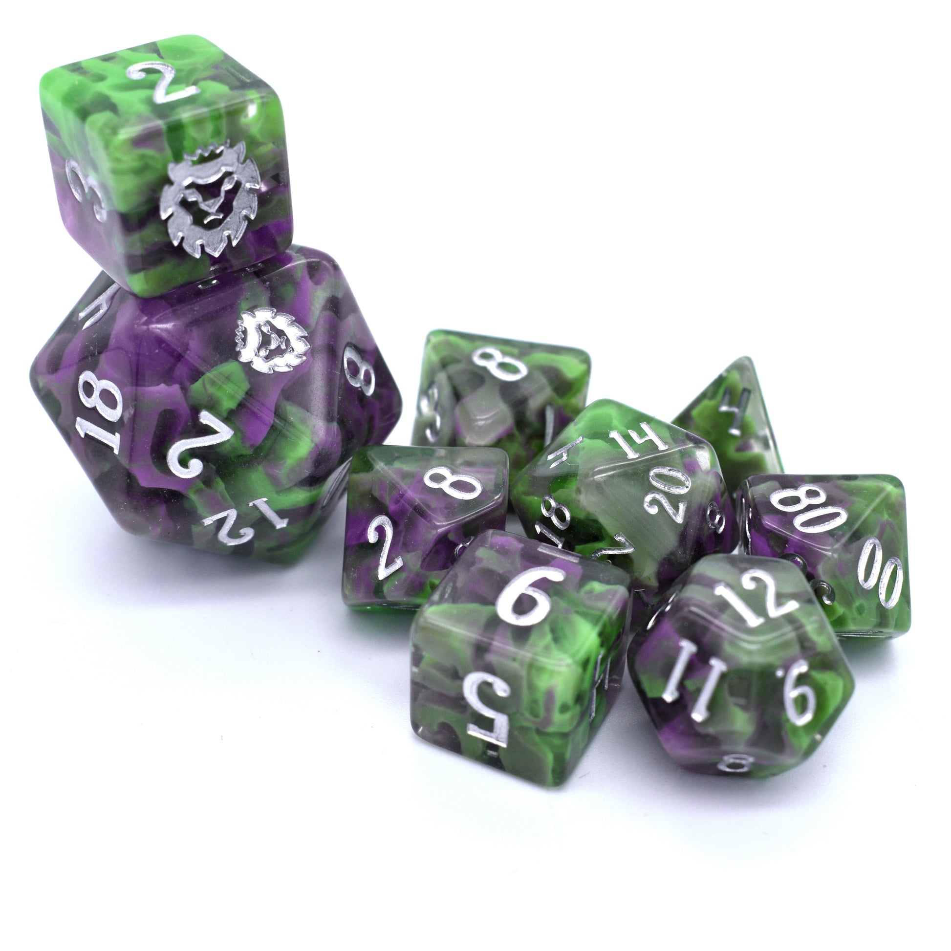 This 10-piece green and purple resin swirled set is inked with silver to really stand out when you need to do some sinister plotting.
