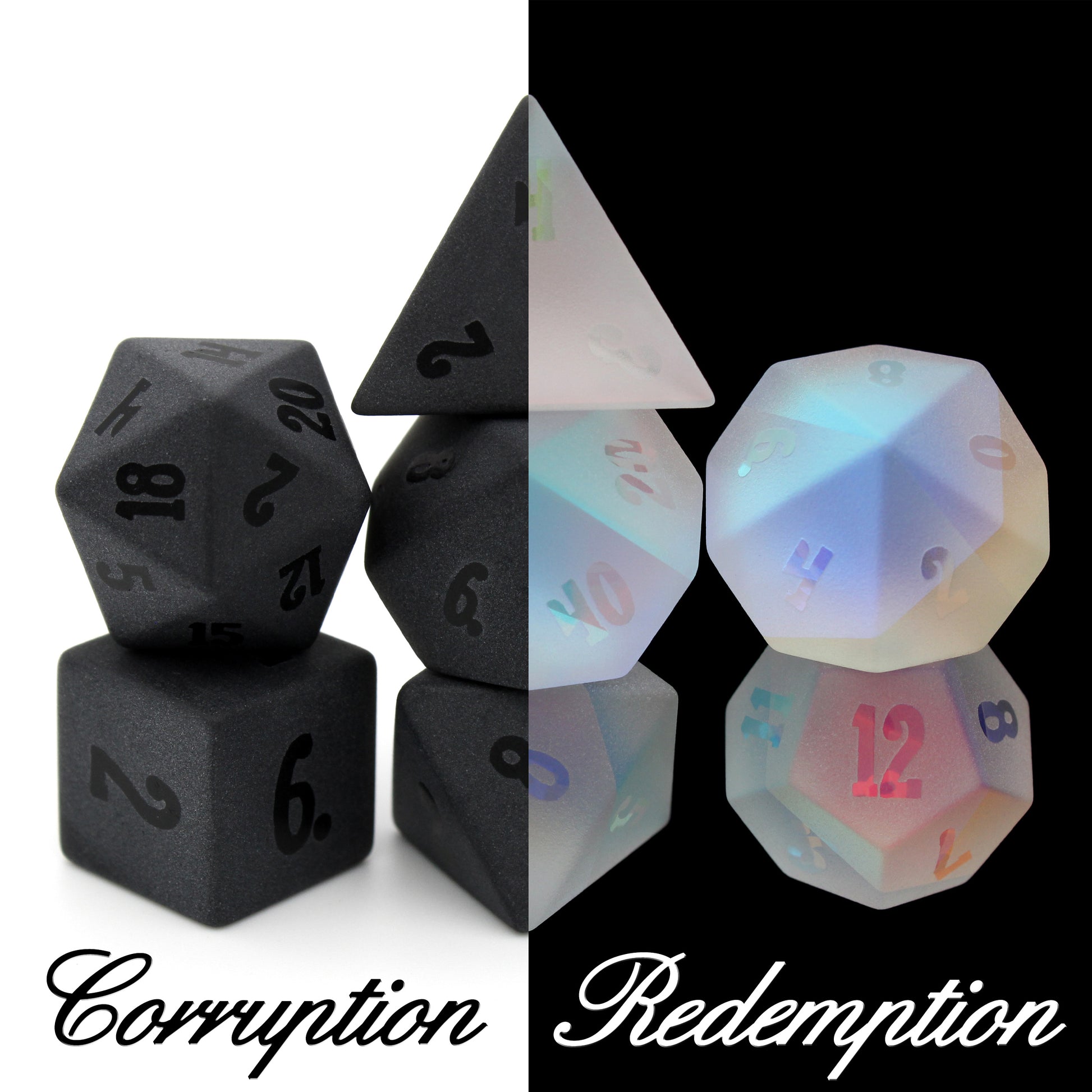 Corruption is a 7-piece frosted obsidian dice set with smoothly etched numbers.