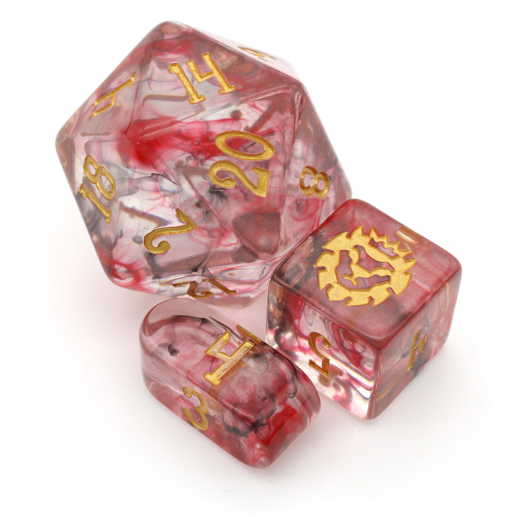 This 10-piece resin set features swirls of garnet red and deadly black within a clear base and easy to read numbers inked in gold.