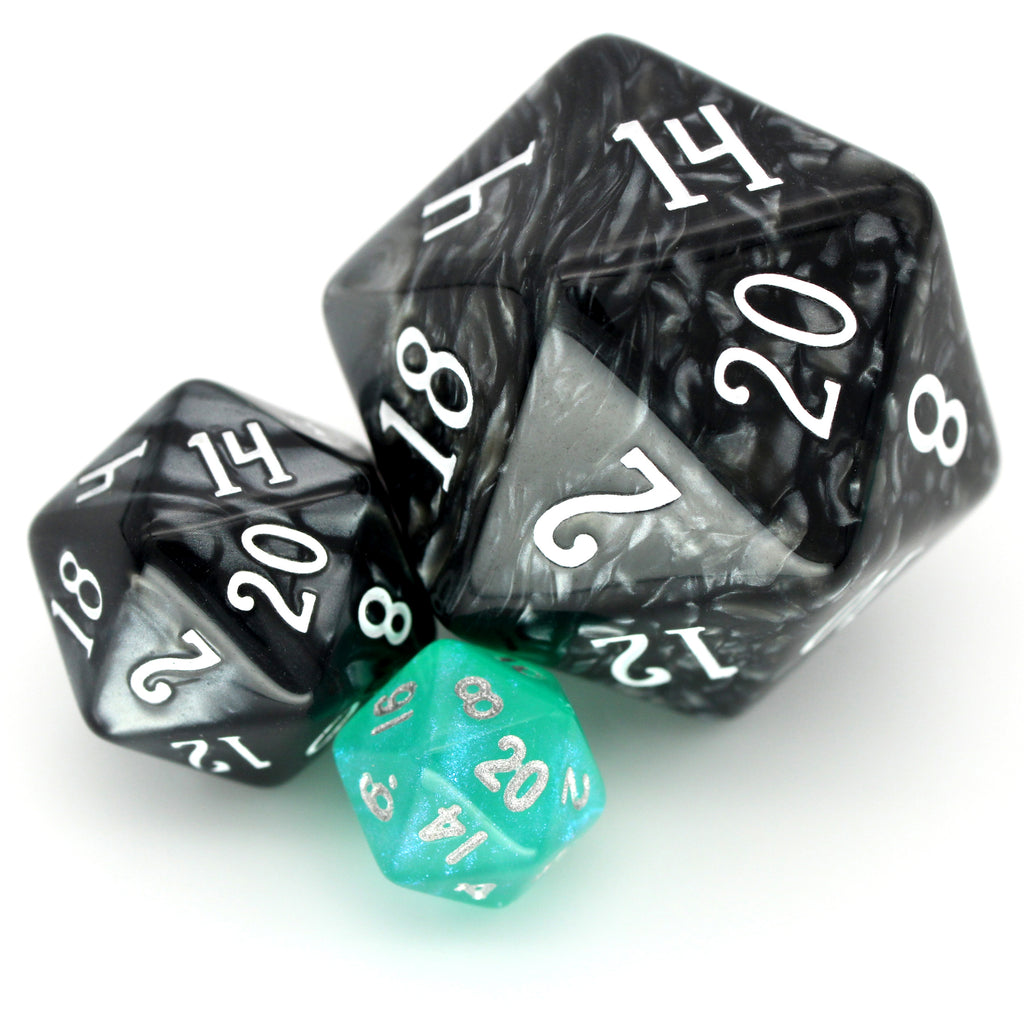 Cyantidote is a 7-piece 13mm semi-translucent glittery aqua resin dice set, inked in silver. It belongs to our tiny but mighty Wee Lads collection.