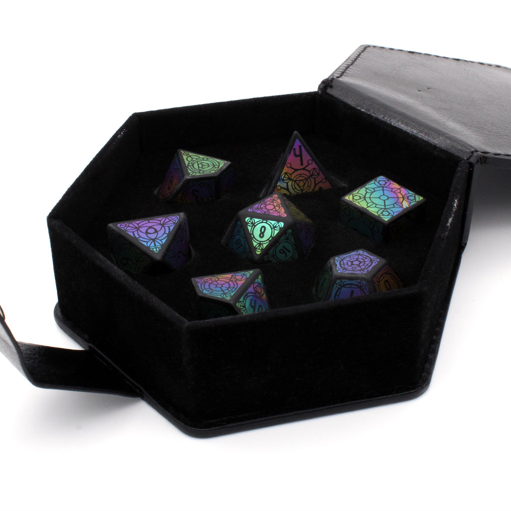 DaVinci's Sanctum is a 7-piece obsidian stone set with iridescent foil in our exclusive Sigil design.