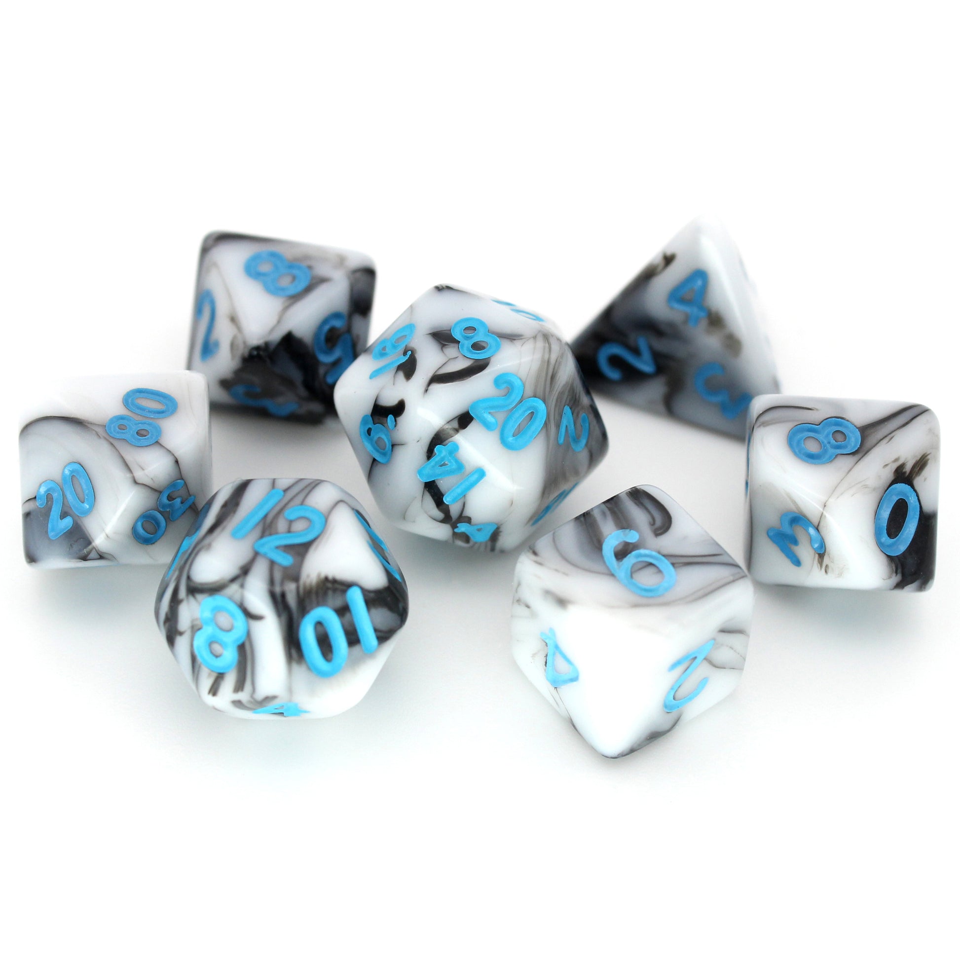 D'ception is a 7-piece 13mm resin dice set with swirls of black and white, inked in blue. It belongs to our tiny but mighty Wee Lads collection.