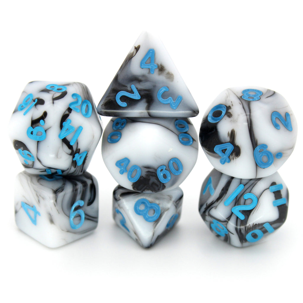 D'ception is a 7-piece 13mm resin dice set with swirls of black and white, inked in blue. It belongs to our tiny but mighty Wee Lads collection.