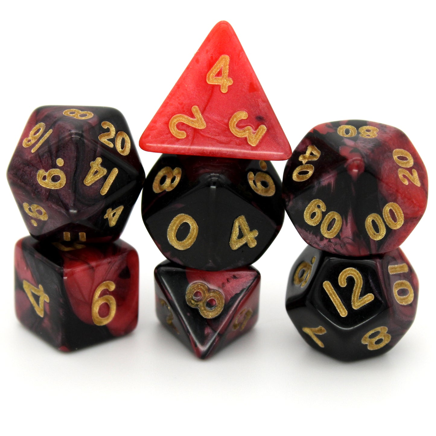 D'monic is a 7-piece 13mm resin dice set with swirls of black and red, inked in gold. It belongs to our tiny but mighty Wee Lads collection.