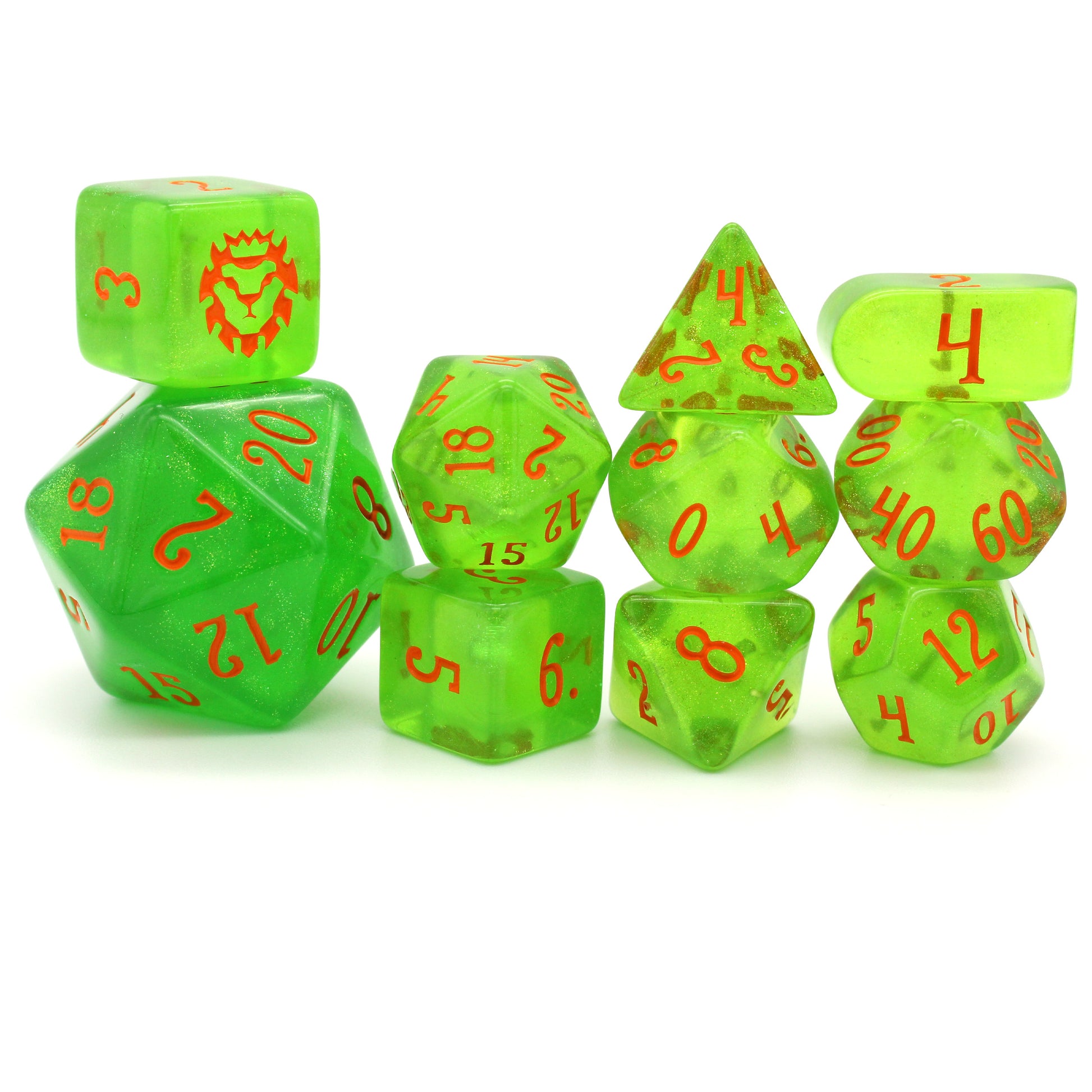A 10-piece set of transparent green dice filled with micro glitter and inked in orange.