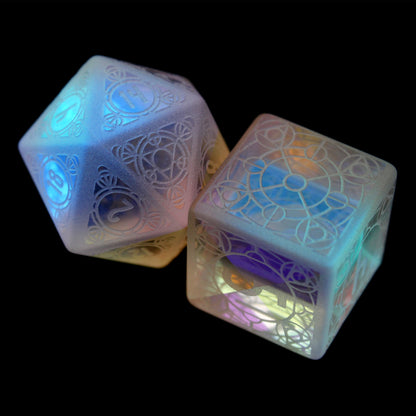 Elysium is a 7-piece rainbow crystal stone set with a frosted engraving of our exclusive Sigil design.
