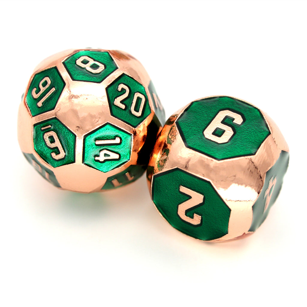 Fantasy Football is a 7-piece, rose gold metal set inlaid with green enamel, unusually round and ready to roll.
