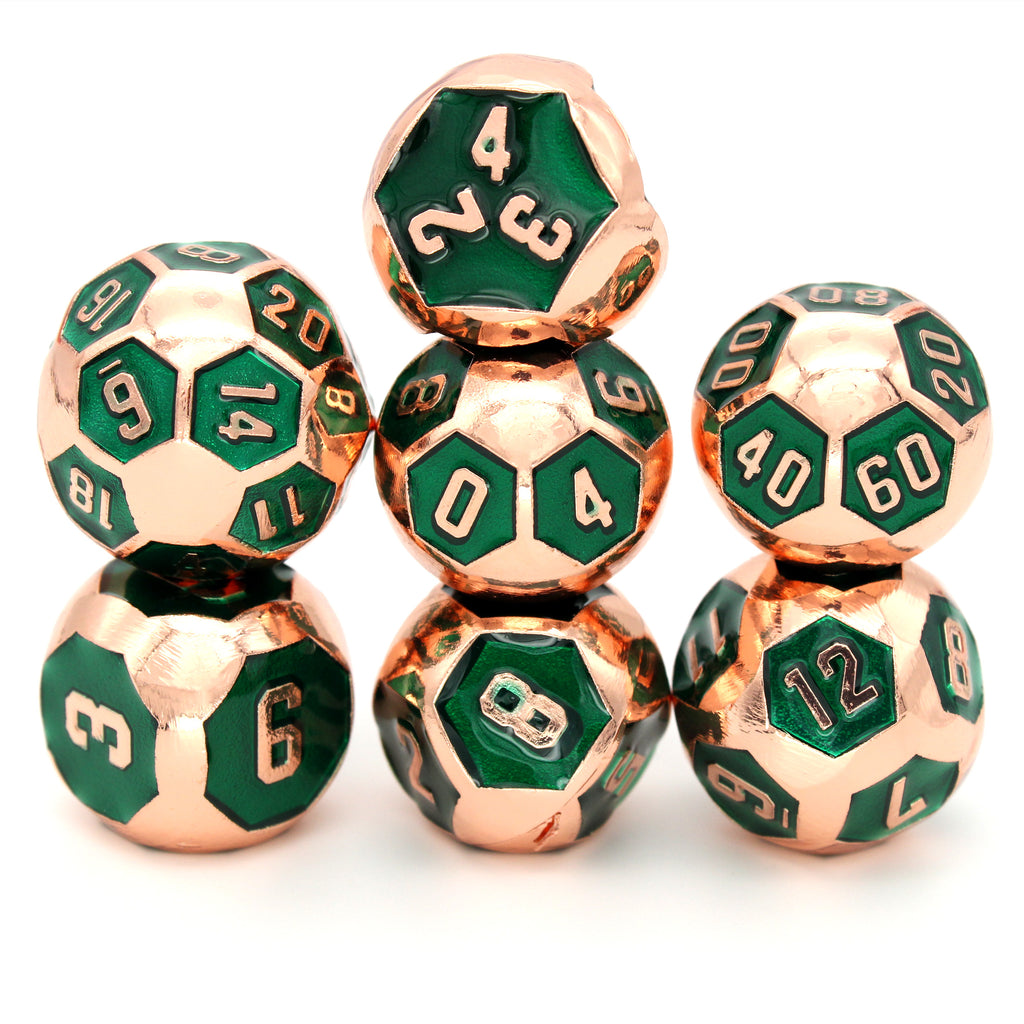 Fantasy Football is a 7-piece, rose gold metal set inlaid with green enamel, unusually round and ready to roll.