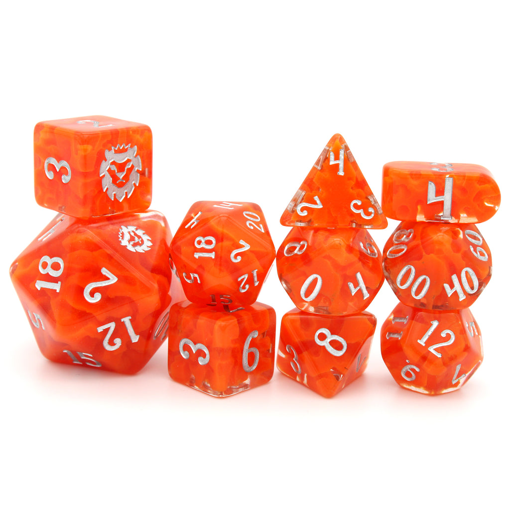 Fire Season is a 10-piece translucent resin set with pillowy orange inclusions, inked in silver.