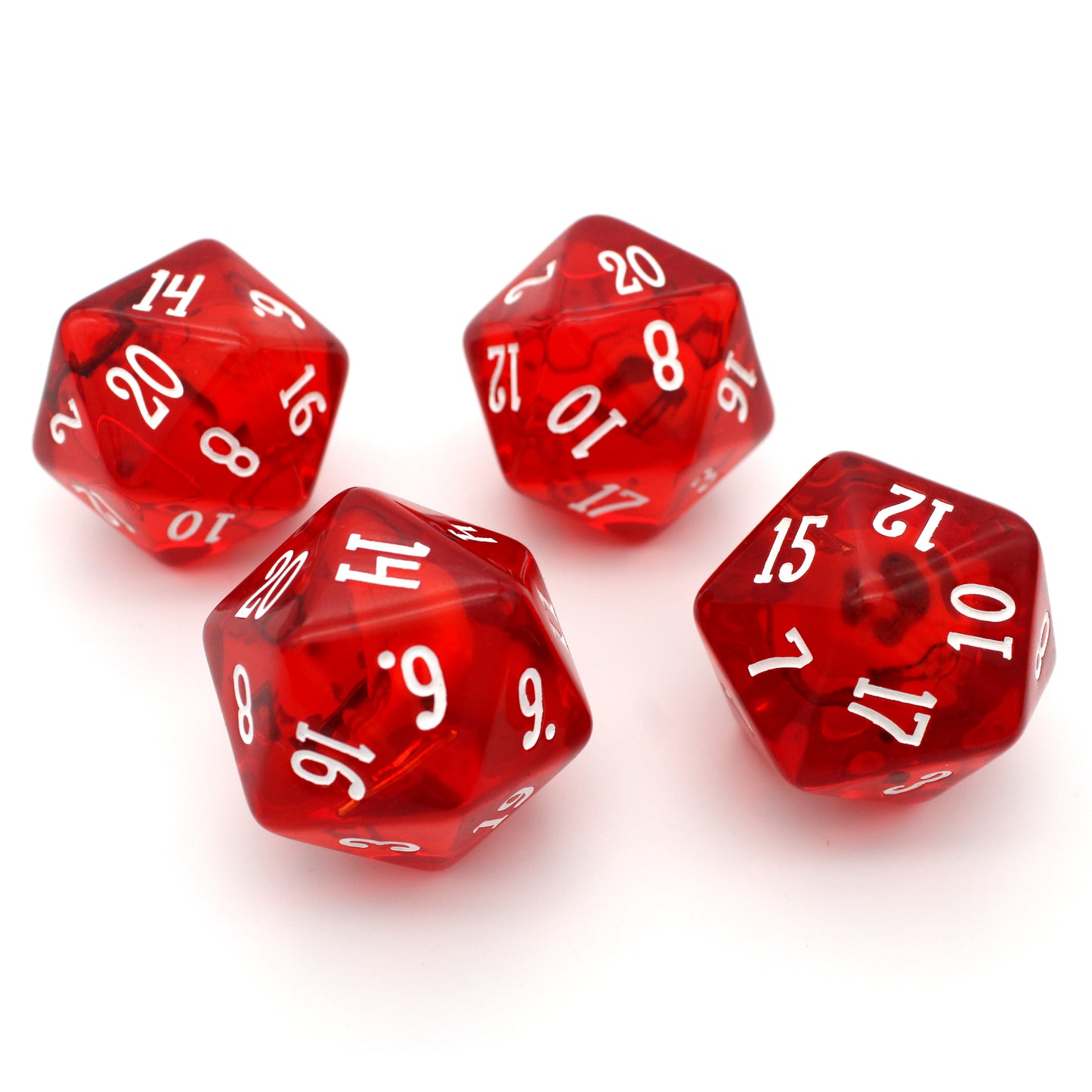 Gelatinous Icosahedrons are translucent resin d20s containing skull, bone, and weapon inclusions.