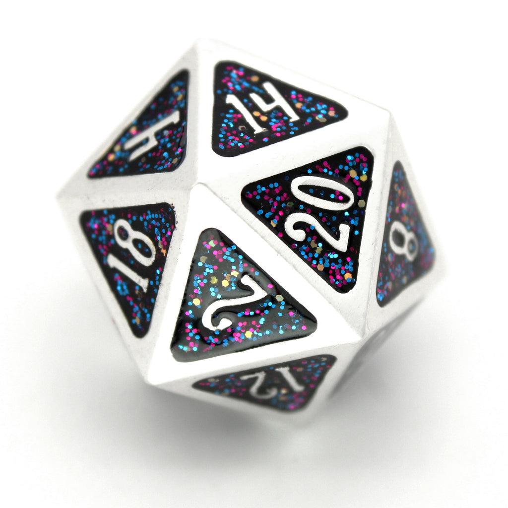 Hanabi - Heist Edition is a 7-piece silver metal dice set inlaid with glittery cosmic enamel. This special edition features a Dice Envy exclusive Infinity d4.