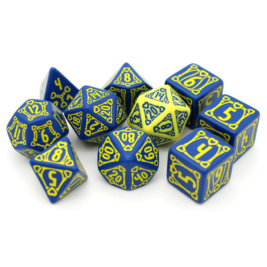 Holy Crit is an engraved 10-piece set of blue resin dice inked in neon yellow and features 3d6’s, as well as a color-swapped d20 for advantage.
