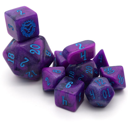 How Do Want To Do This? is a 10-piece mystical purple resin set with blue swirls and silver glitter sprinkled throughout, inked in bright blue.