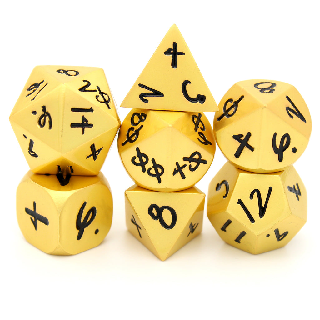 Mage Hand 7pc gold metal dice set with black ink