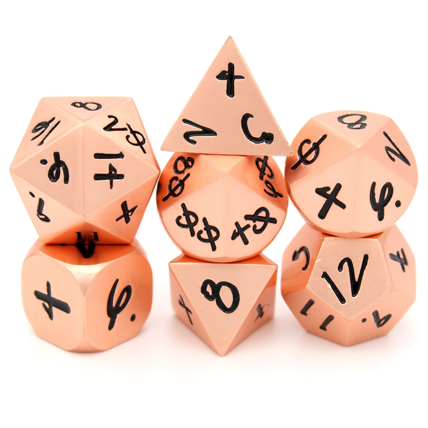 Mage Hand 7pc rose gold metal dice set with black ink