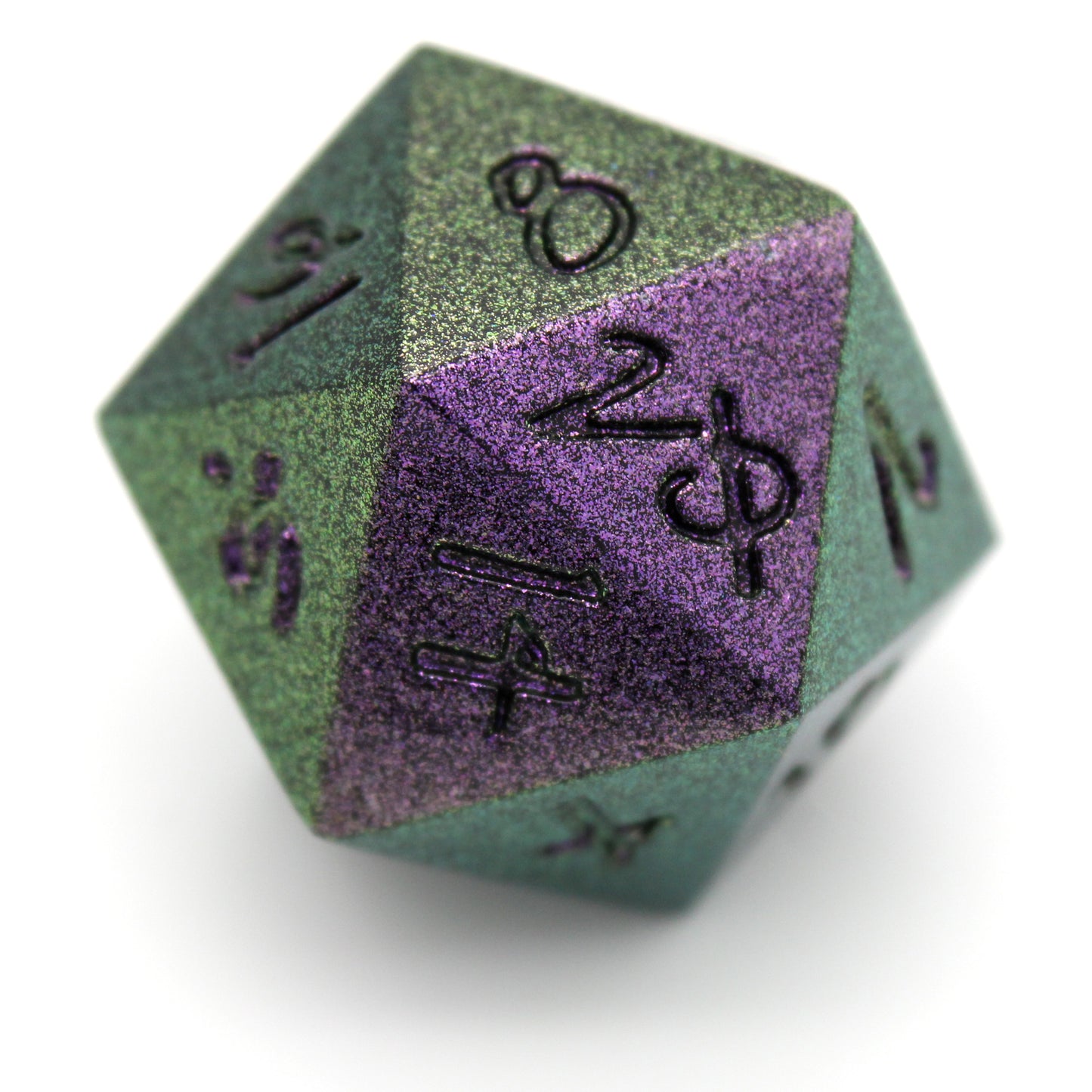 Mage Hand Sorcerer's Grasp is a 7-piece, green-and-purple-shifting metal set featuring Aabria Iyengar's handwritten numbers.