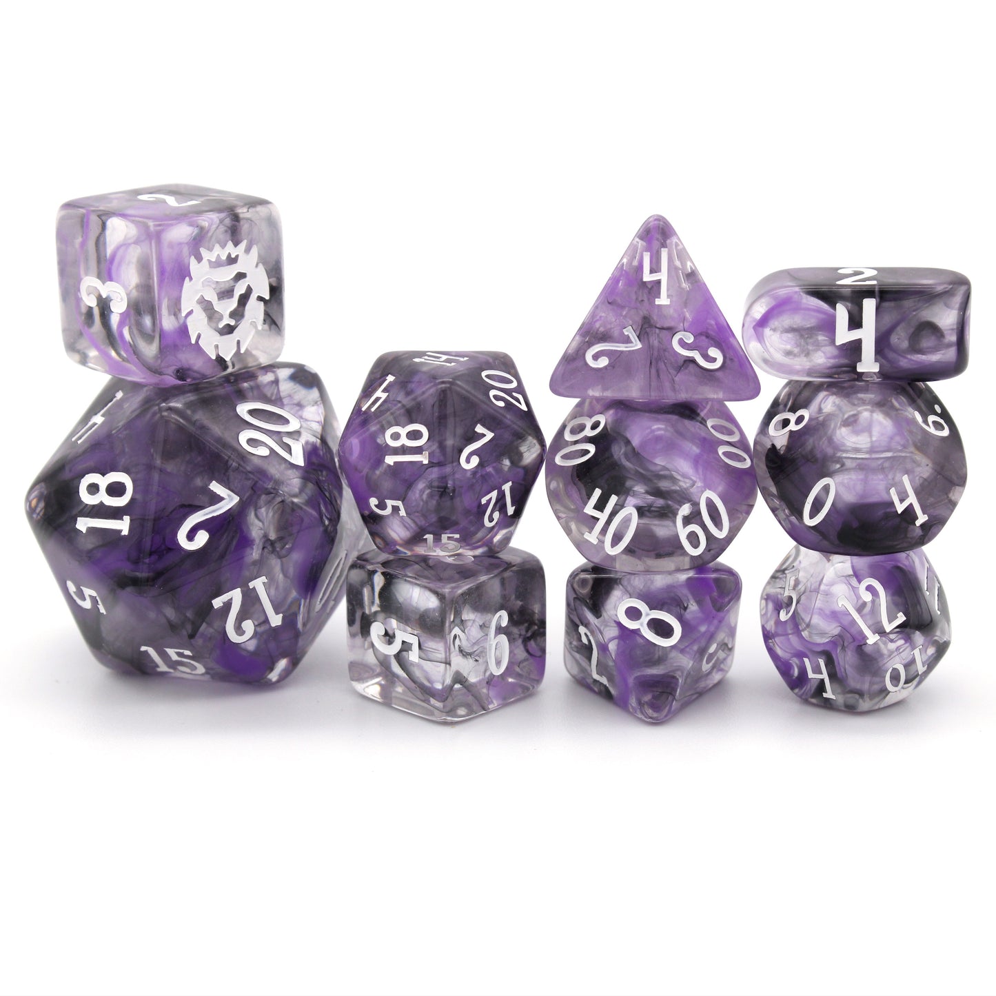 Night Mom is a 10-piece set with purple and black vapor suspended in clear resin with white ink for easy readability.