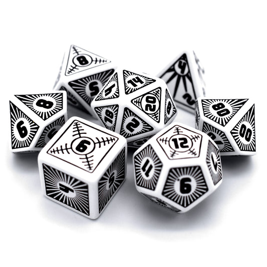 Omega is a reverse colorway of our ultra-popular Alpha dice, all done up to the nines in white acrylic with jet black inking in engraved resin.