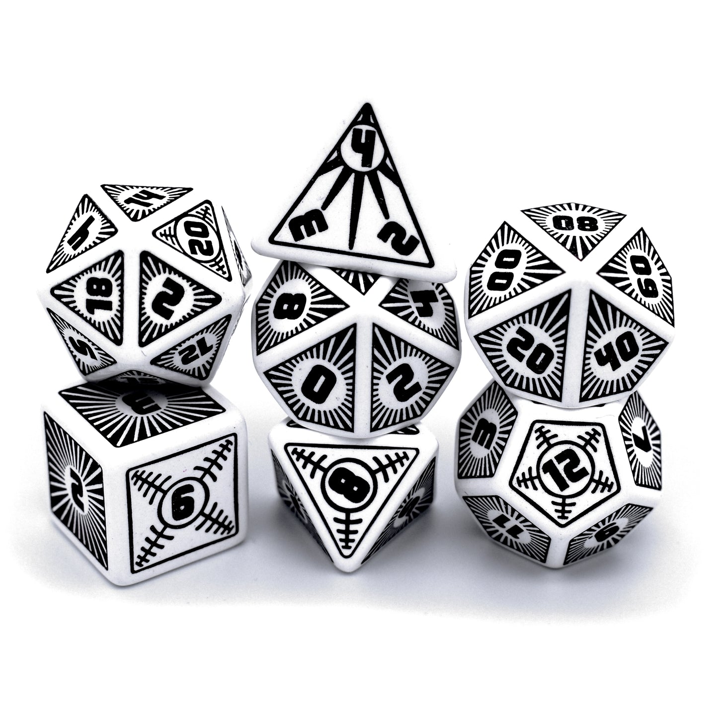 Omega is a reverse colorway of our ultra-popular Alpha dice, all done up to the nines in white acrylic with jet black inking in engraved resin.