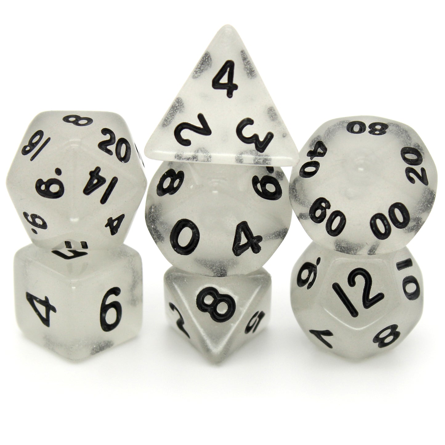 Raindrops is a 7-piece 13mm semi-opaque grey resin dice set, inked in black. It belongs to our tiny but mighty Wee Lads collection.