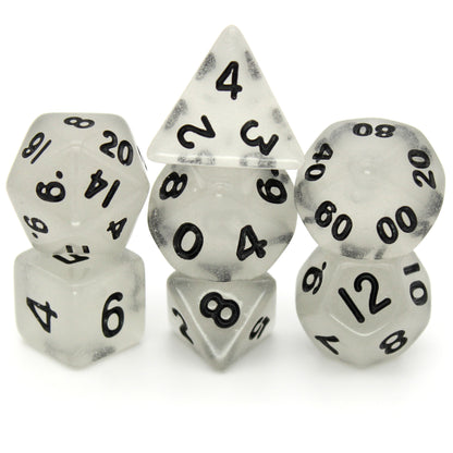 Raindrops is a 7-piece 13mm semi-opaque grey resin dice set, inked in black. It belongs to our tiny but mighty Wee Lads collection.