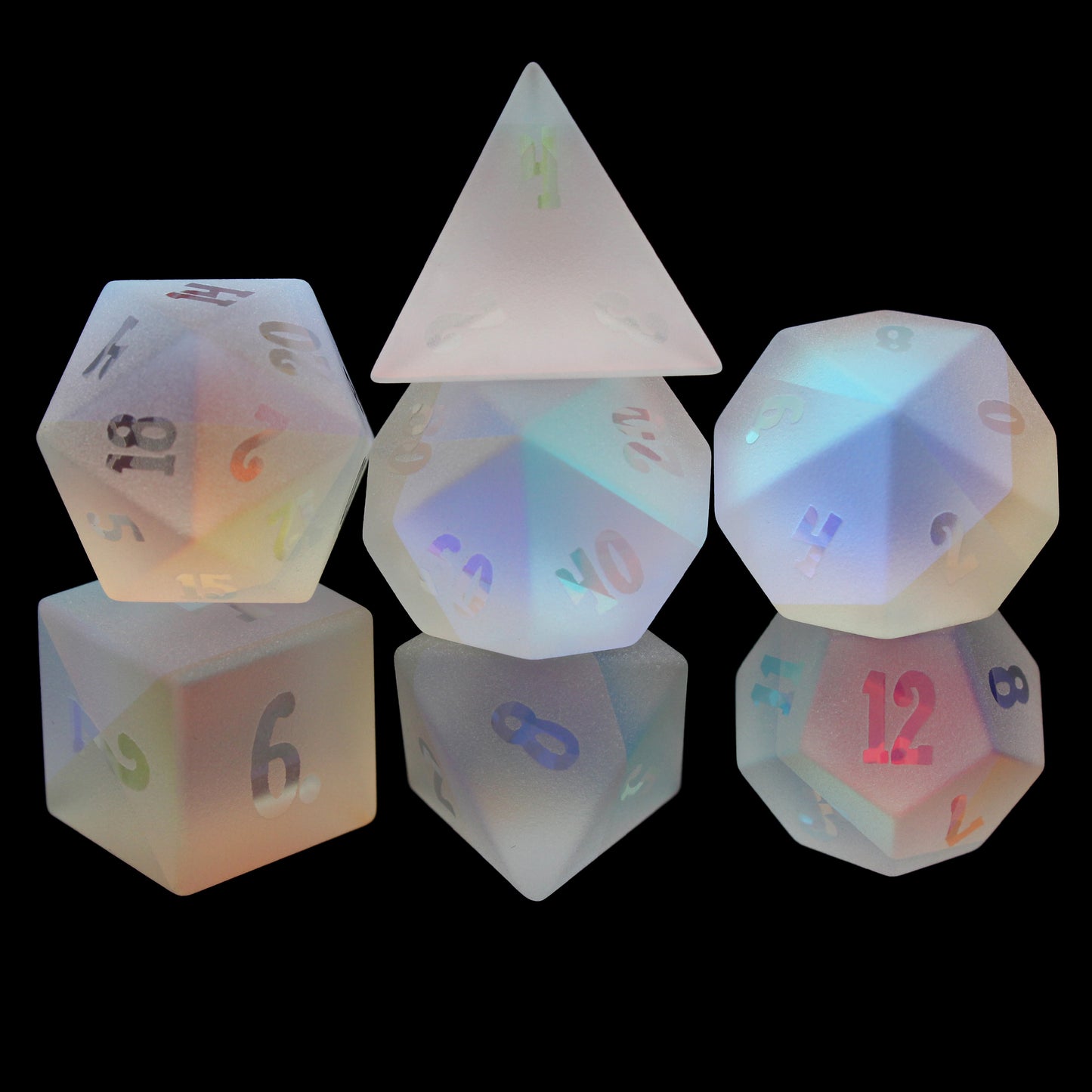 Redemption is a 7-piece frosted rainbow crystal set with smoothly etched numbers.