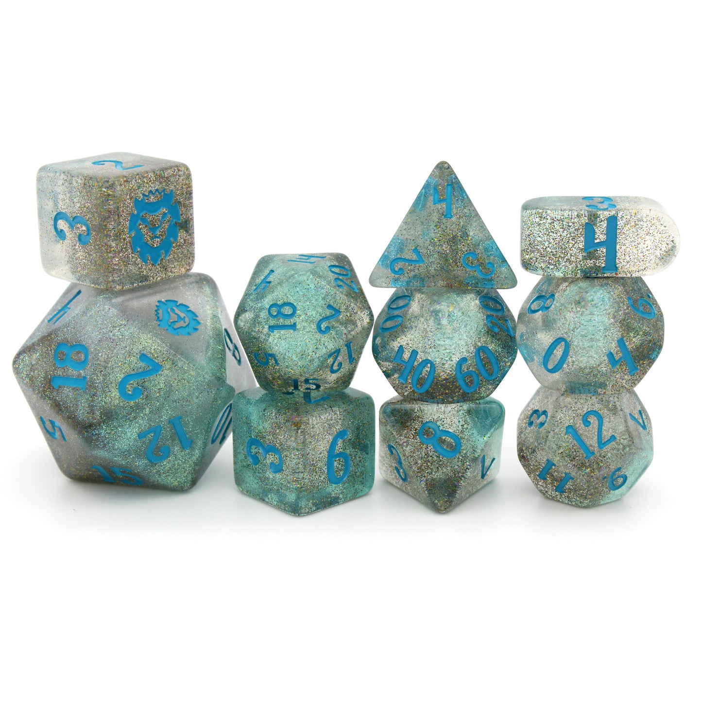 River Magic, a 10-piece dice set of swirling blue, brown, and clear resin, shot through with silver glitter and inked in teal.
