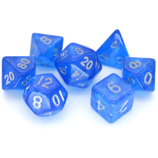 Sapphyre is a 7-piece 13mm semi-translucent glittery blue resin dice set, inked in silver. It belongs to our tiny but mighty Wee Lads collection.