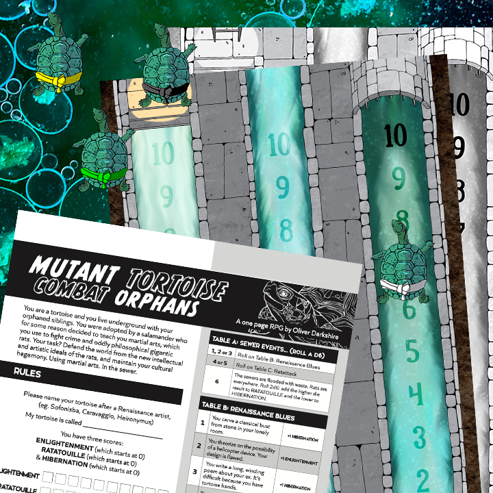 The Sewer Suppression bundle includes .pngs of a one-page rpg, score tracker, and four sumo tortoise tokens.