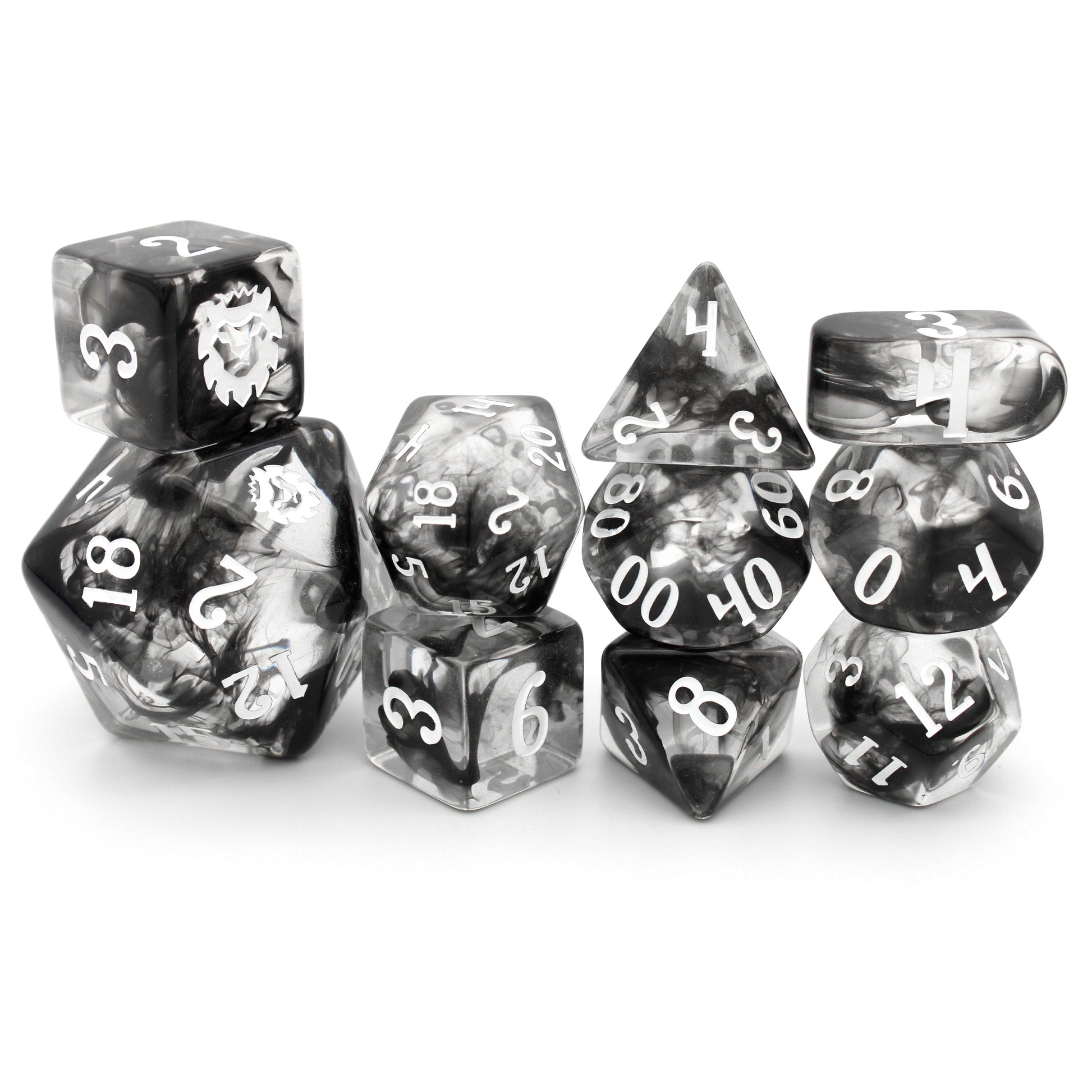 Sicarius is a 10-piece crystal clear resin dice set swirled with magical black vapor and inked in white, perfect for any player who knows DEX is the most important stat.