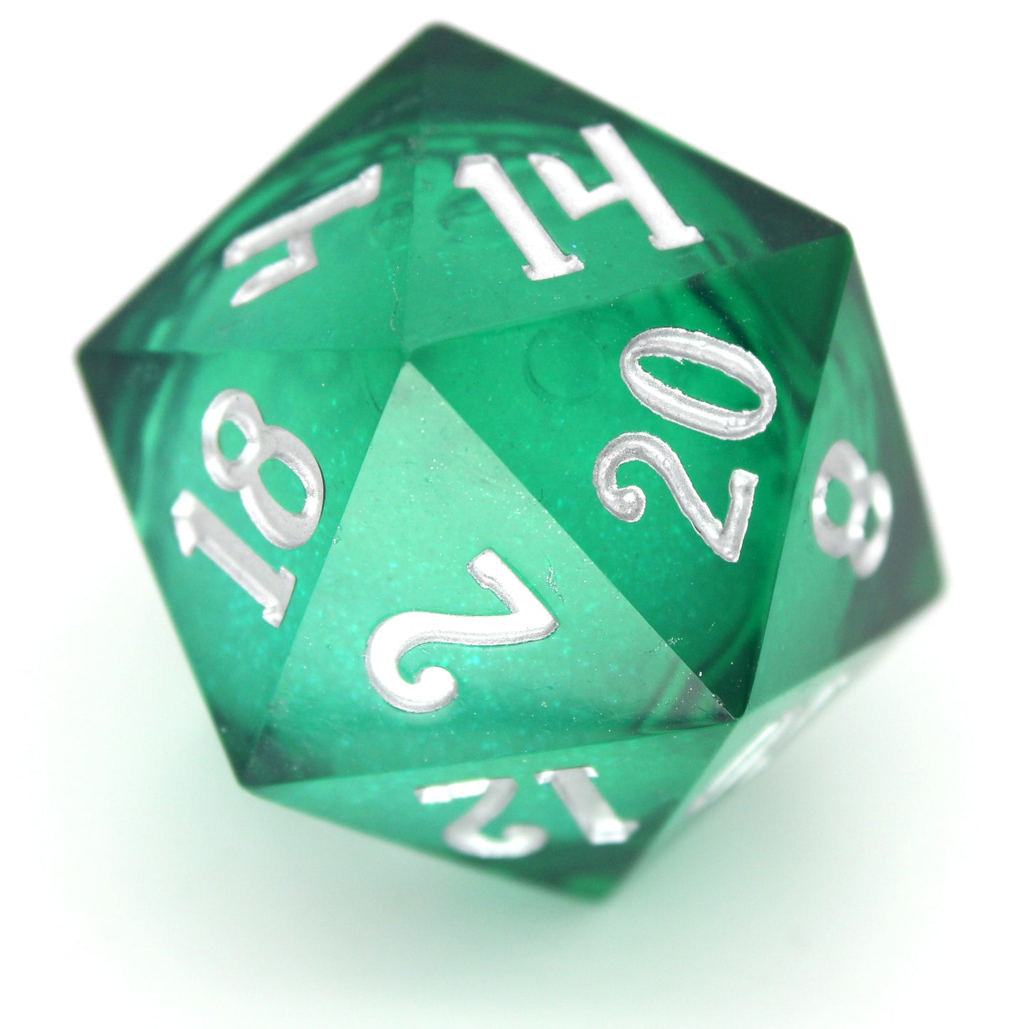 Siren Song is a 7-piece, translucent emerald-green, sharp edge resin dice set with a liquid core of color-shifting pearlescent glitter, inked in silver.