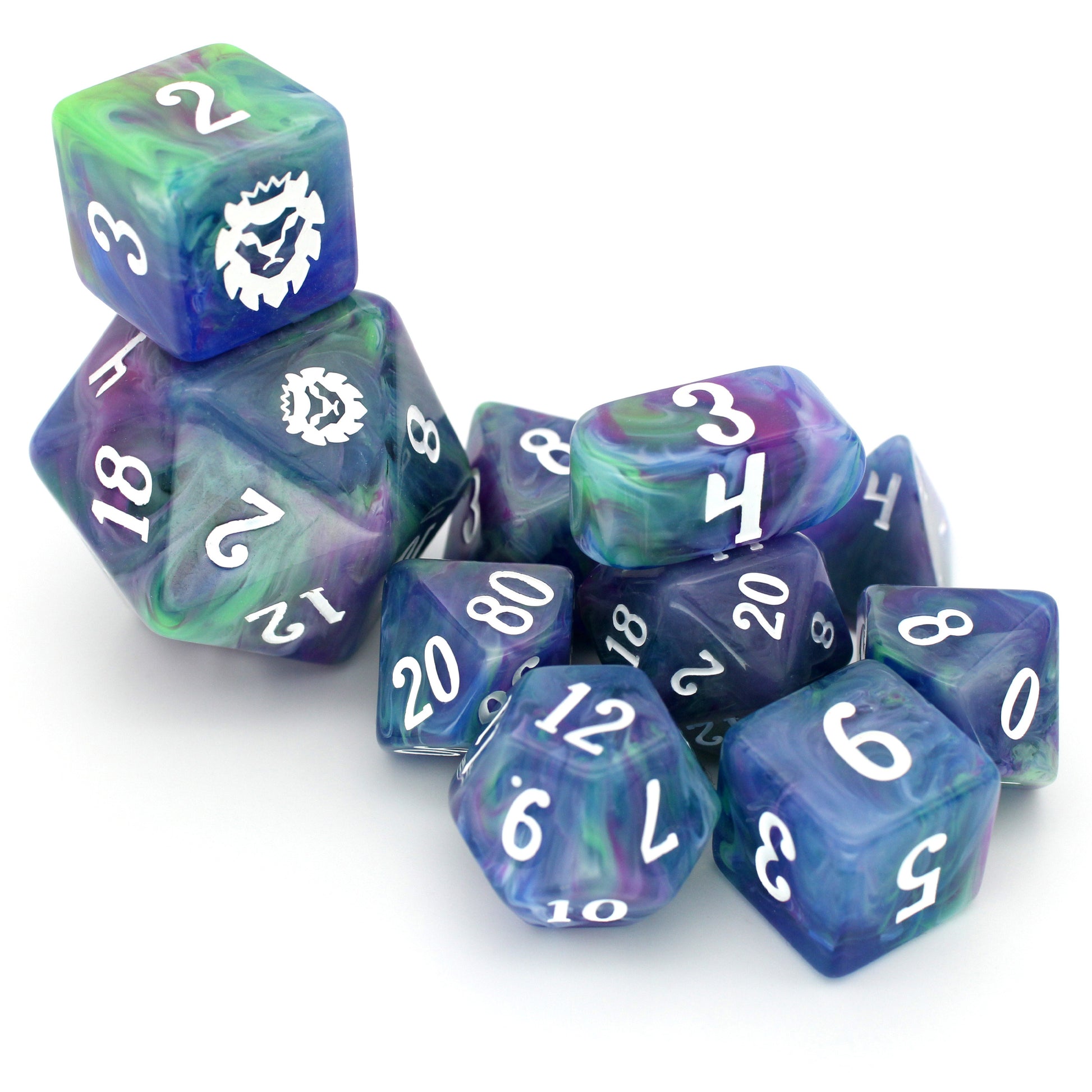 Space Opera is a 10-piece set of swirled with purple, green, white, and blue resin, inked in white.