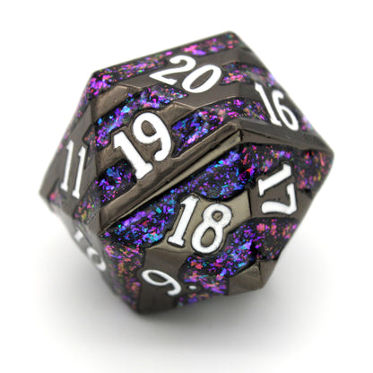 Each Spindown Life Counter measures in at a whopping 25mm, crafted from shiny black zinc, banded with glittery enamel, and inked in bright white. They are part of the Cyberpunk collection, sister to our Steampunk collection.