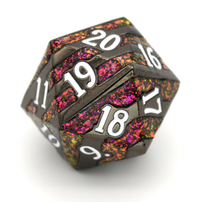 Each Spindown Life Counter measures in at a whopping 25mm, crafted from shiny black zinc, banded with glittery enamel, and inked in bright white. They are part of the Cyberpunk collection, sister to our Steampunk collection.