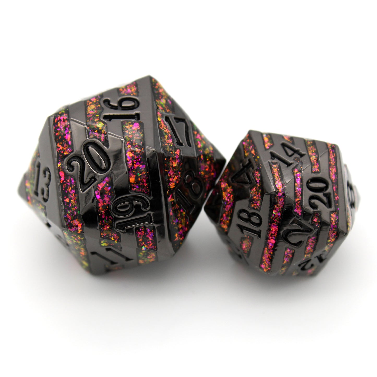 Each Spindown Life Counter measures in at a whopping 25mm, crafted from shiny black zinc and banded with glittery enamel. They are part of the Cyberpunk collection, sister to our Steampunk collection.