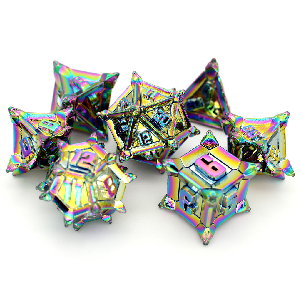 Stabby Bois is a 7-piece set of zinc alloy dice electroplated in rainbow neochrome.