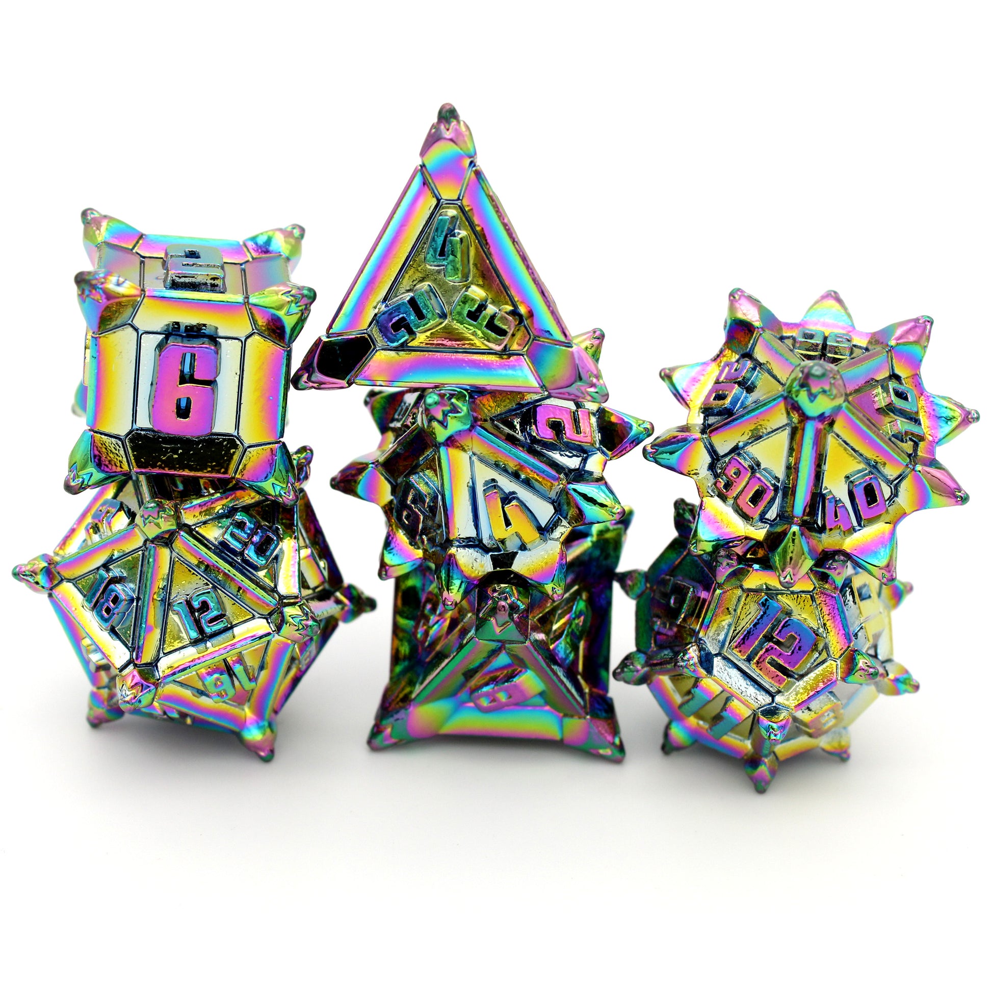Stabby Bois is a 7-piece set of zinc alloy dice electroplated in rainbow neochrome.