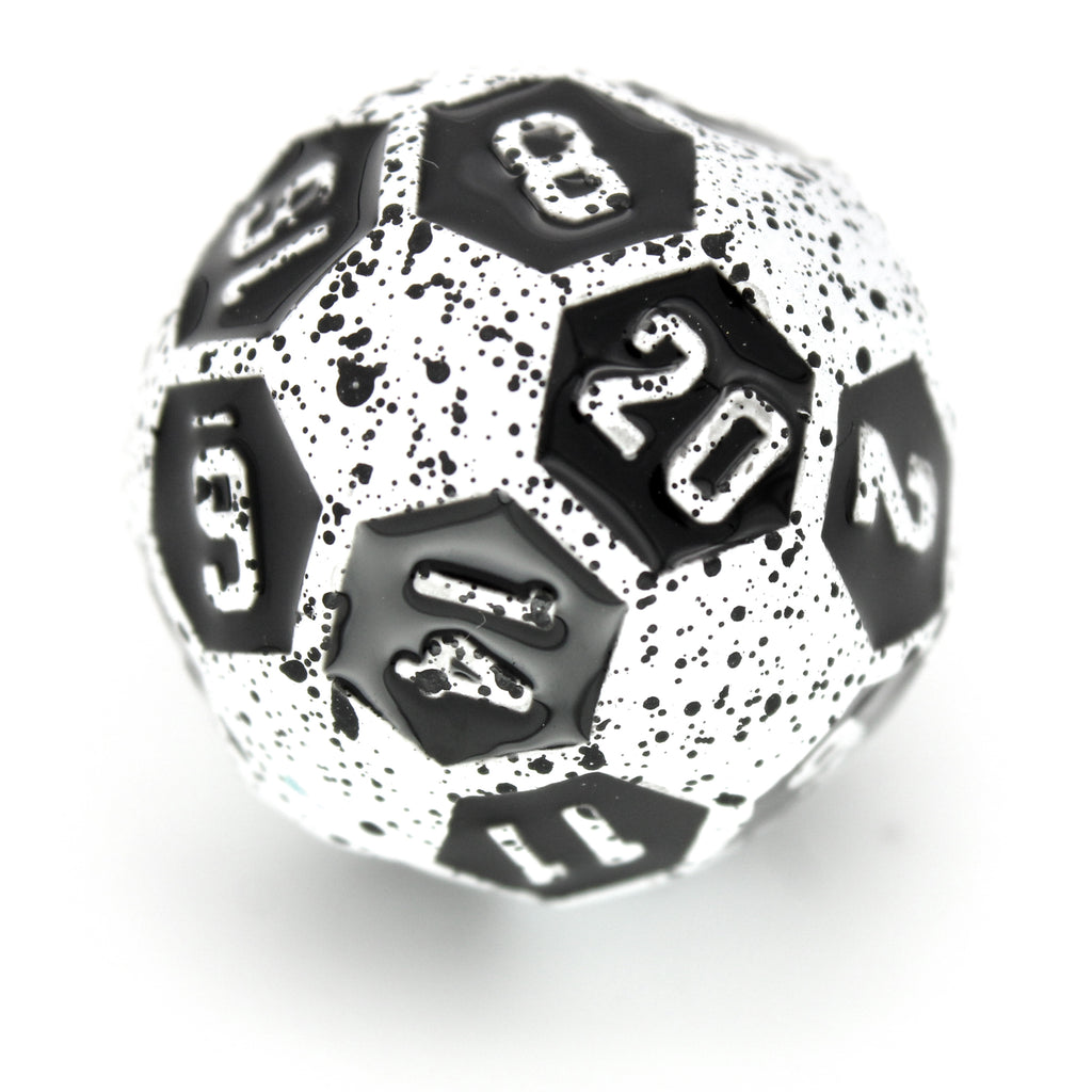 Street Soccer is a 7-piece, white metal set inlaid and splattered with black enamel, unusually round and ready to roll.