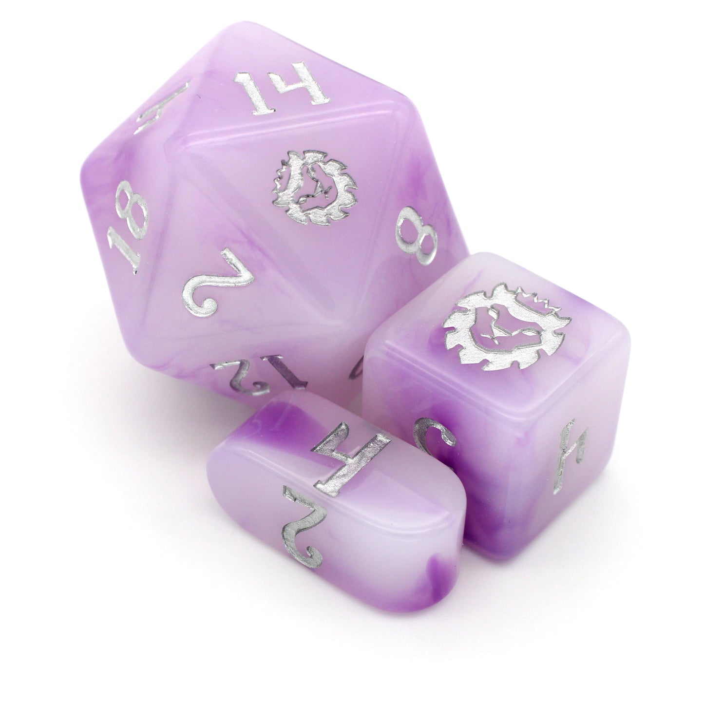 Taro Milk Tea is a 10-piece purple and white swirled resin dice set inked in silver.