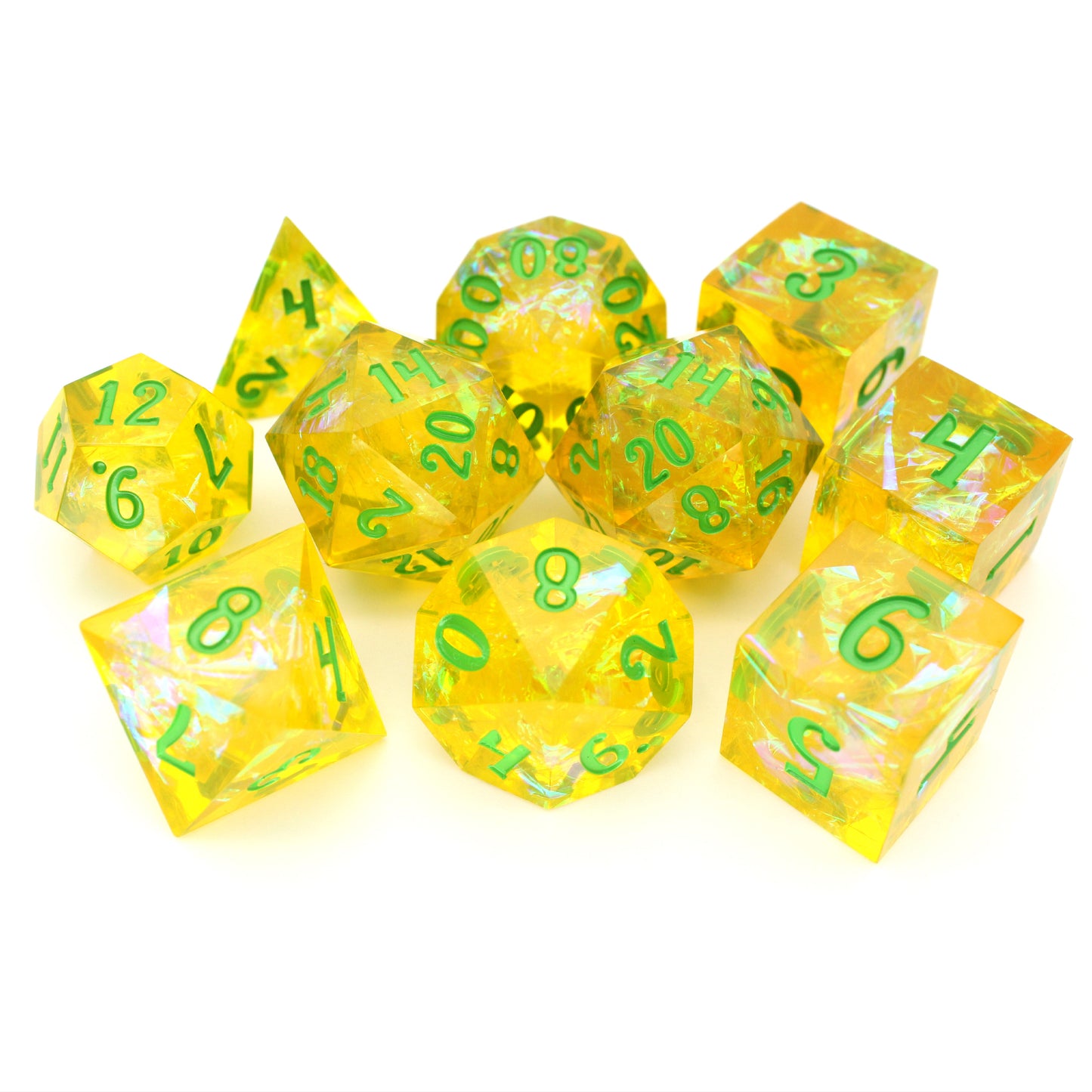 Toxic Love is a 10-piece resin sharp edge set in noxious yellow with green foil inclusions and poison-green ink.