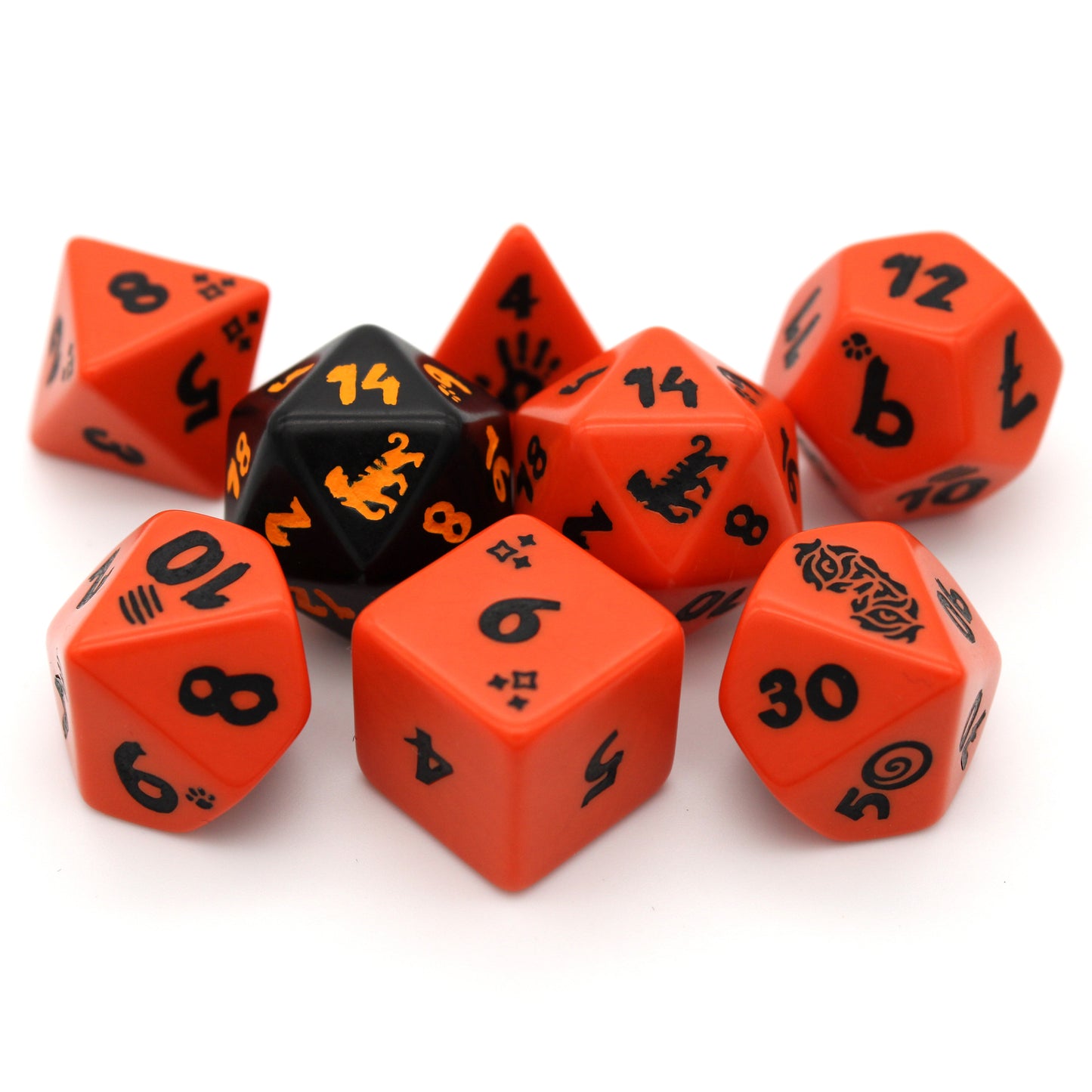 Bengal is an 8-piece engraved acrylic set in burning bright orange with tiger transformation icons inked in pitch black. Included is an alternate d20 in reverse colors.