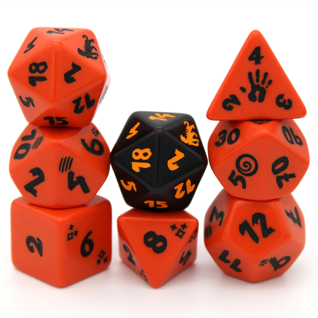 Bengal is an 8-piece engraved acrylic set in burning bright orange with tiger transformation icons inked in pitch black. Included is an alternate d20 in reverse colors.