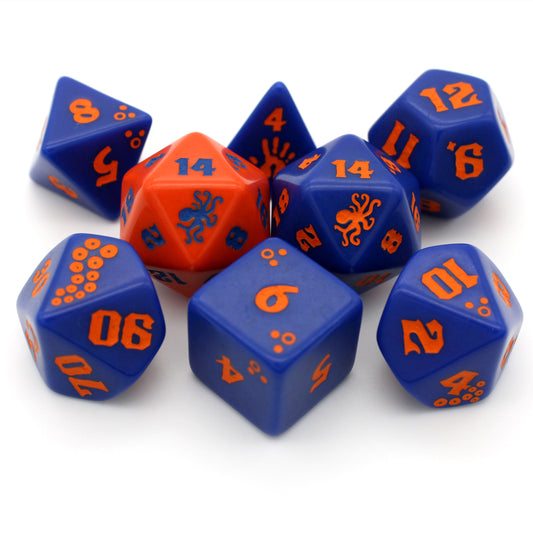Cephalopod is an 8-piece engraved acrylic set in blue lagoon with octopus transformation icons inked in coral orange. Included is an alternate d20 in reverse colors.
