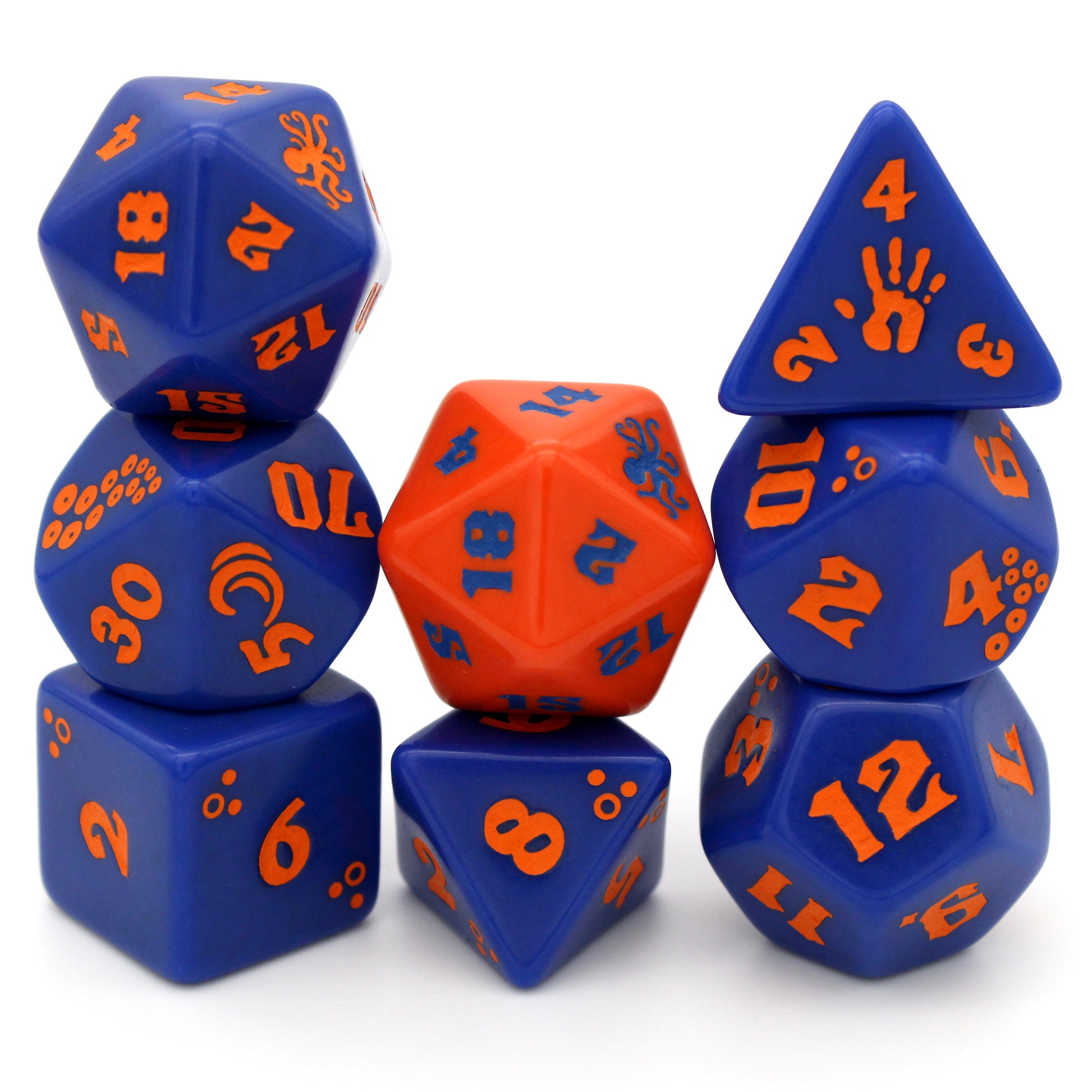 Cephalopod is an 8-piece engraved acrylic set in blue lagoon with octopus transformation icons inked in coral orange. Included is an alternate d20 in reverse colors.