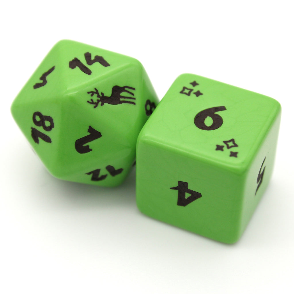 Cervus is an 8-piece engraved acrylic set in leafy green with elk transformation icons inked in forest brown. Included is an alternate d20 in reverse colors.